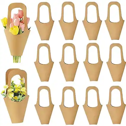 Front. ESBANY - 30 Pcs Kraft Paper Flower Wrapping Paper Gift Bags with Handle - Bouquet Gift Bags for Thanksgiving, Birthday, Wedding & - Kraft Paper.