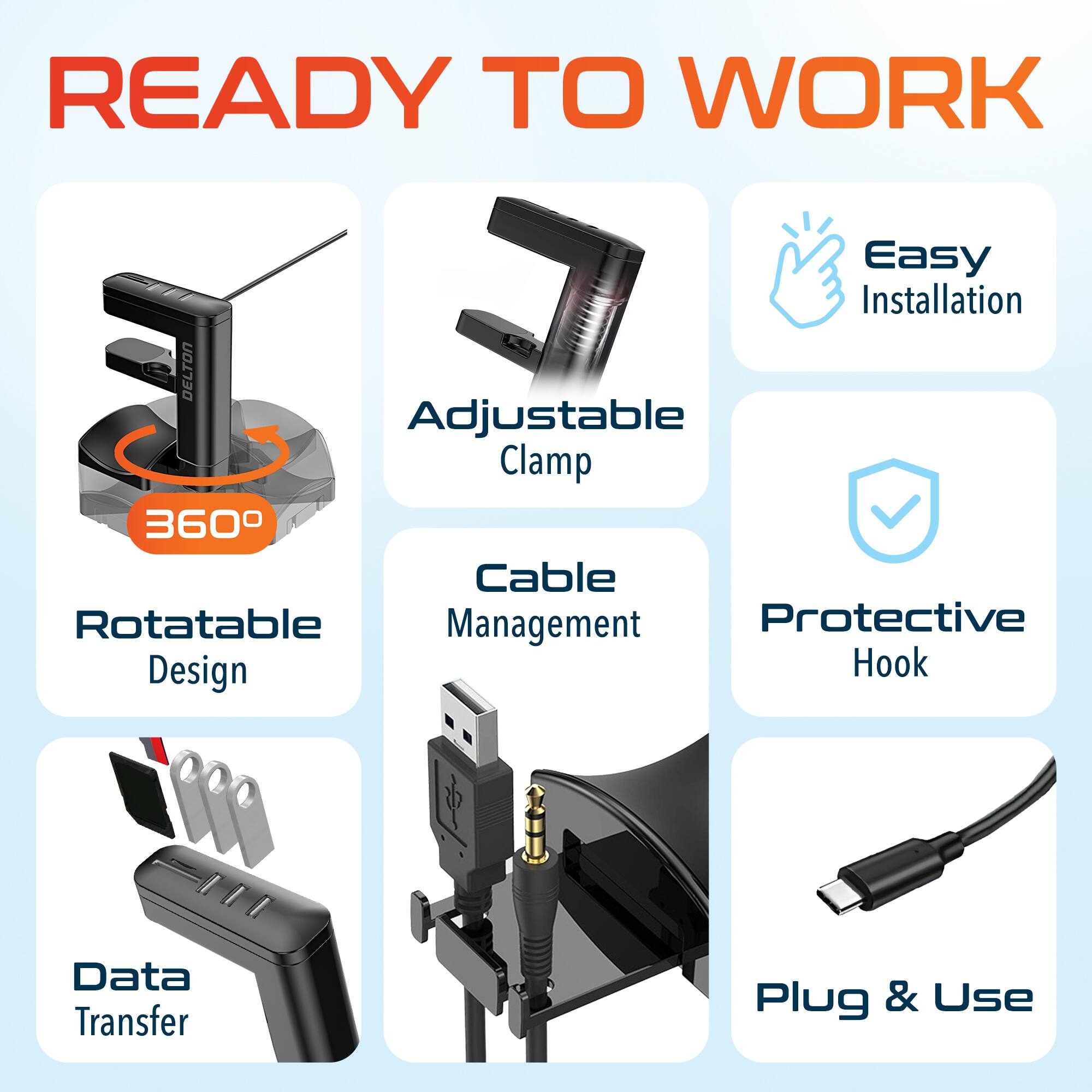 READY TO WORK

Easy Installation

DELTON

Adjustable Clamp

360 Rotatable Design

Cable Management

Protective Hook

Data Transfer

Plug & Use