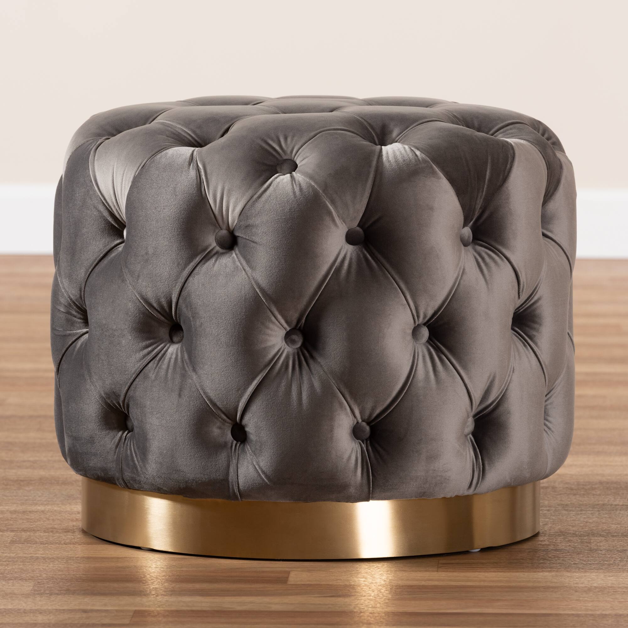 Back. Baxton Studio - Valeria Glam Velvet Fabric Upholstered Gold-Finished Button Tufted Ottoman - Gray/Gold.