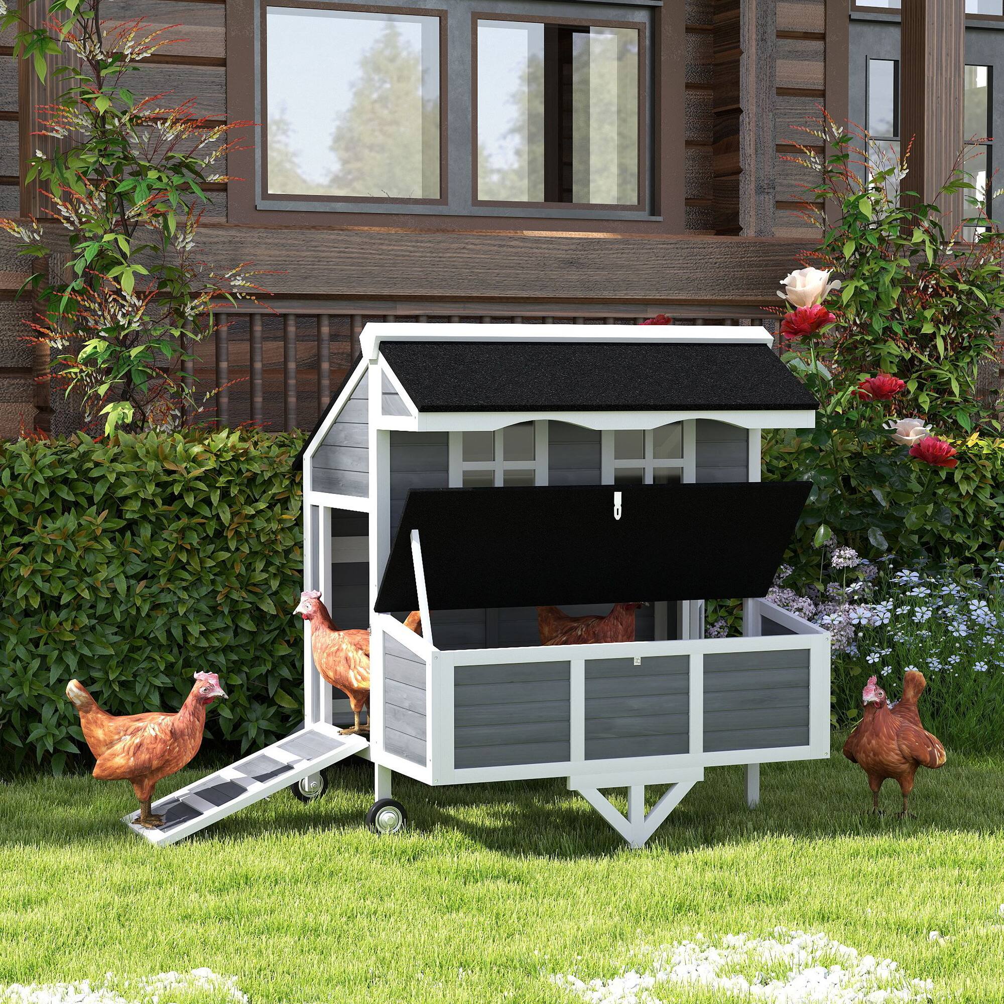 Angle. Pawhut - 43" Chicken Coop with Wheels, Nesting Box, Windows, Pull-out Tray,  Wooden Chicken Tractor, Rabbits, Backyard.