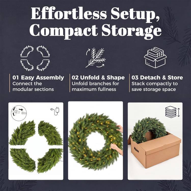 Effortless Setup, Compact Storage

01 Easy Assembly  
Connect the modular sections

02 Unfold & Shape  
Unfold branches for maximum fullness

03 Detach & Store  
Stack compactly to save storage space