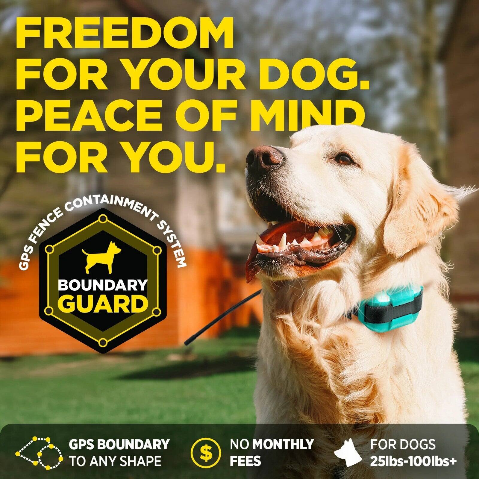 FREEDOM FOR YOUR DOG. PEACE OF MIND FOR YOU.

GPS CONTAINMENT SYSTEM
BOUNDARY GUARD

GPS BOUNDARY TO ANY SHAPE
NO MONTHLY FEES
FOR DOGS 25lbs-100lbs+