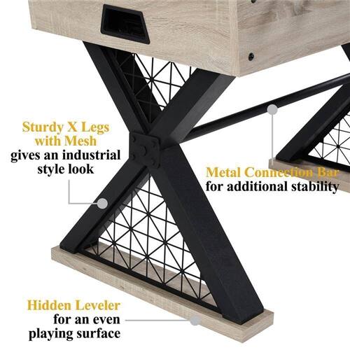 Sturdy X Legs with Mesh gives an industrial style look. Metal Connection Bar for additional stability. Hidden Leveler for an even playing surface.