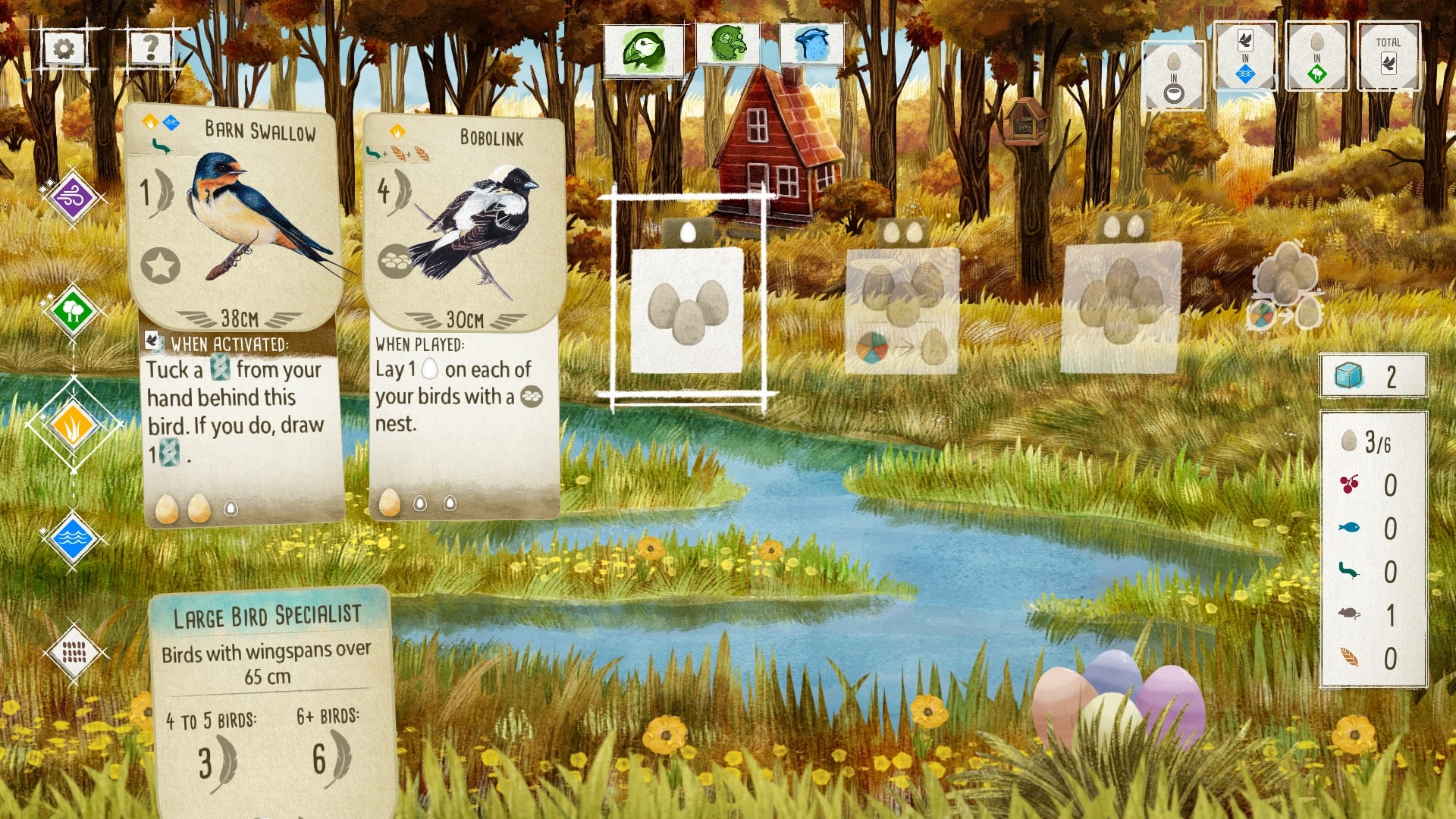 The text on the image is about a game involving birds. The text states that there are a total of 38 birds, with 30 cm wingspans, and when activated, they will draw a nest card. The game is played by tucking a bird from your hand behind each of the other birds with a bird. If you do, you can draw a nest card. The game also involves large birds with wingspans over 65 cm, and there are 3 to 6 birds in total.