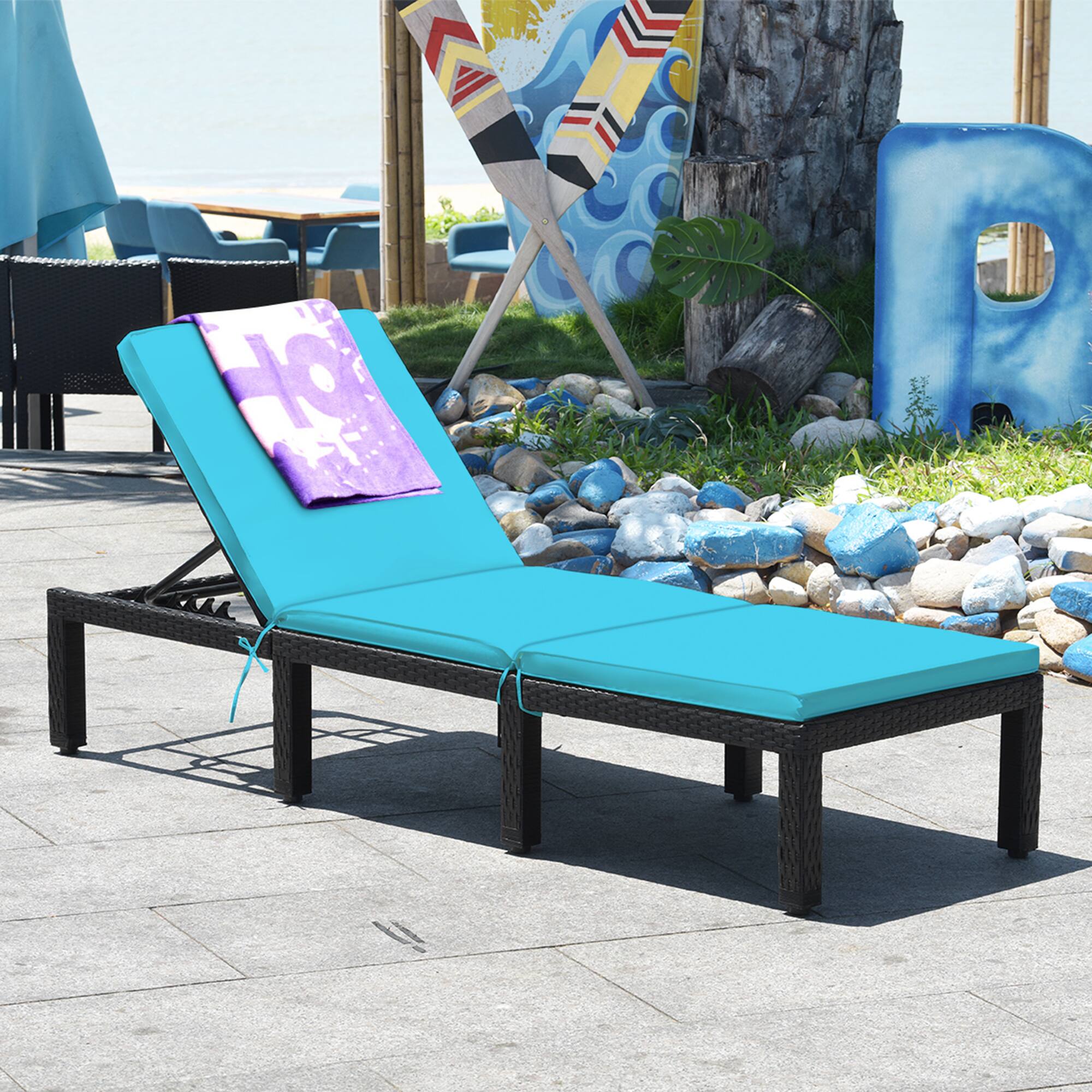 Alt View 3. Gymax - Gymax 2PCS Adjustable Rattan Patio Chaise Lounge Chair Couch w/ Turquoise Cushion - as pic.