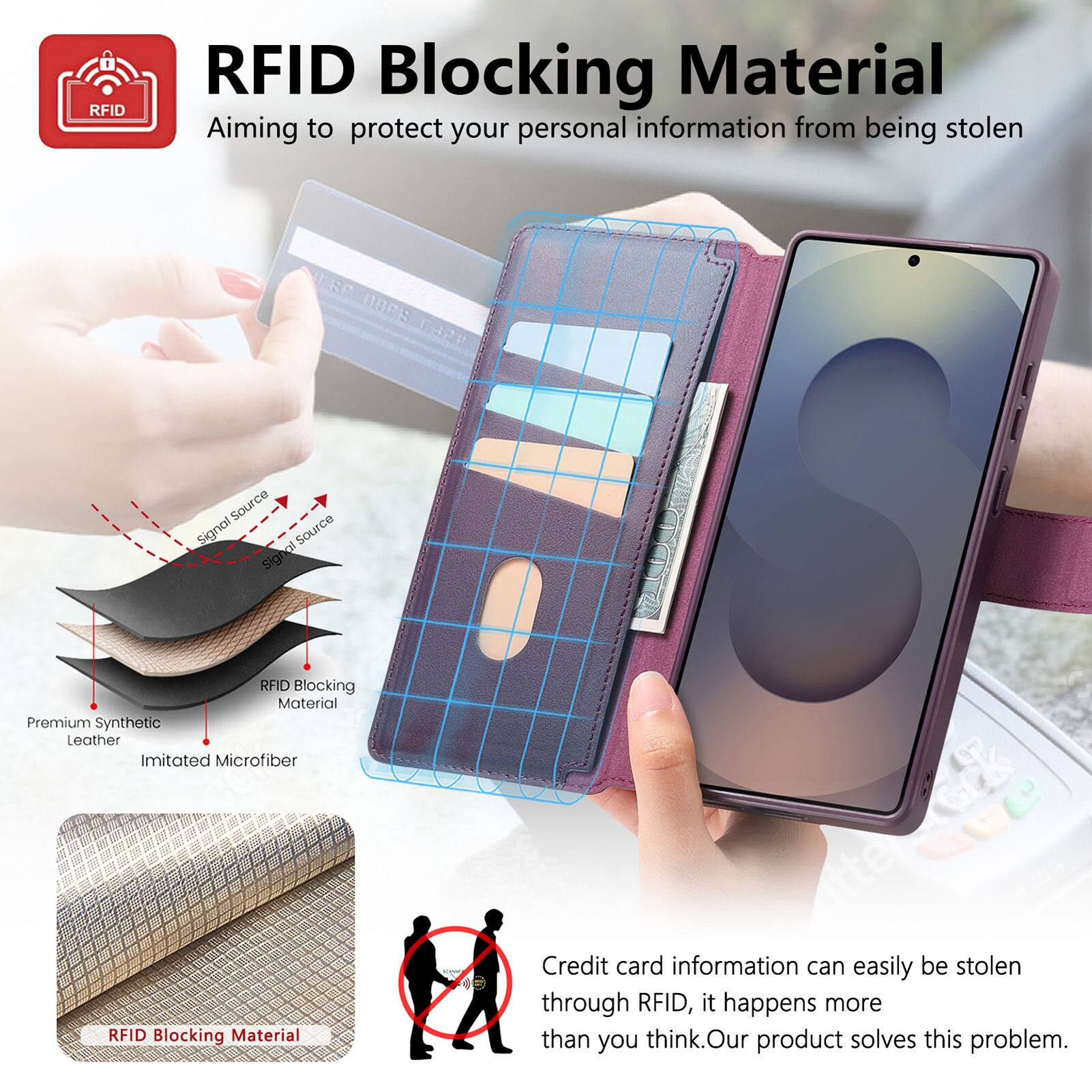 RFID Blocking Material  
Aiming to protect your personal information from being stolen  

Premium Synthetic Leather  
Imitated Microfiber  

Credit card information can easily be stolen through RFID, it happens more than you think. Our product solves this problem.
