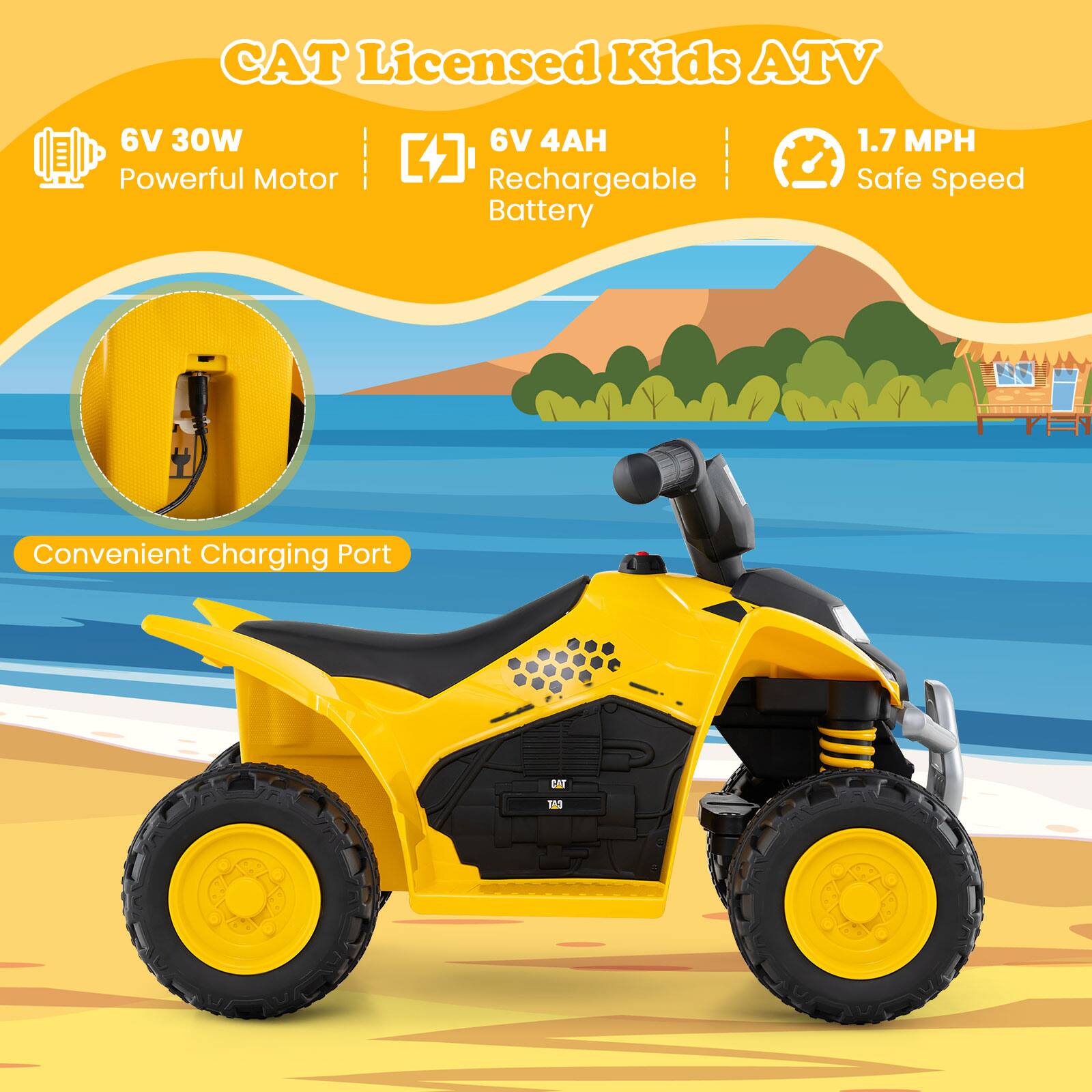 CAT Licensed Kids ATV

- 6V 30W Powerful Motor
- 6V 4AH Rechargeable Battery
- 1.7 MPH Safe Speed
- Convenient Charging Port