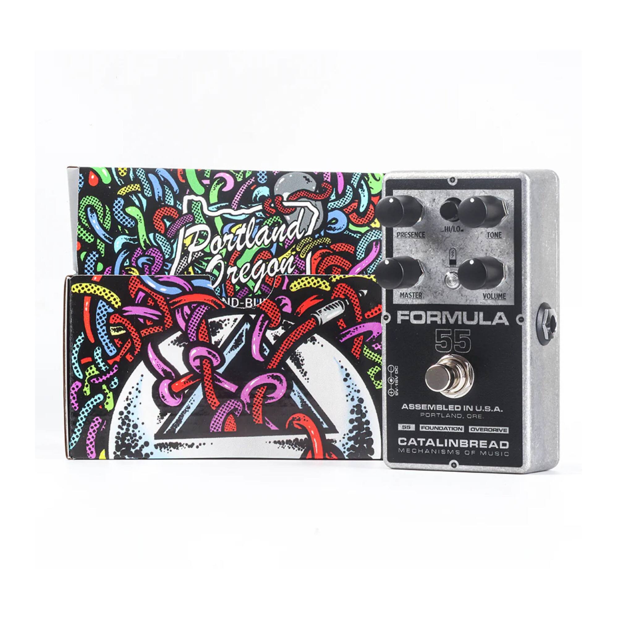 Portland! HI/LO. PRESENCE TONE ESSTOE Tregon MASTER VOLUME ND BU FORMULA O 55 8 of OS i ASSEMBLED IN U.S.A. PORTLAND. ORE D FOUNDATION OVERDRIVE CATALINBREAD MECHANISMS OF MUSIC