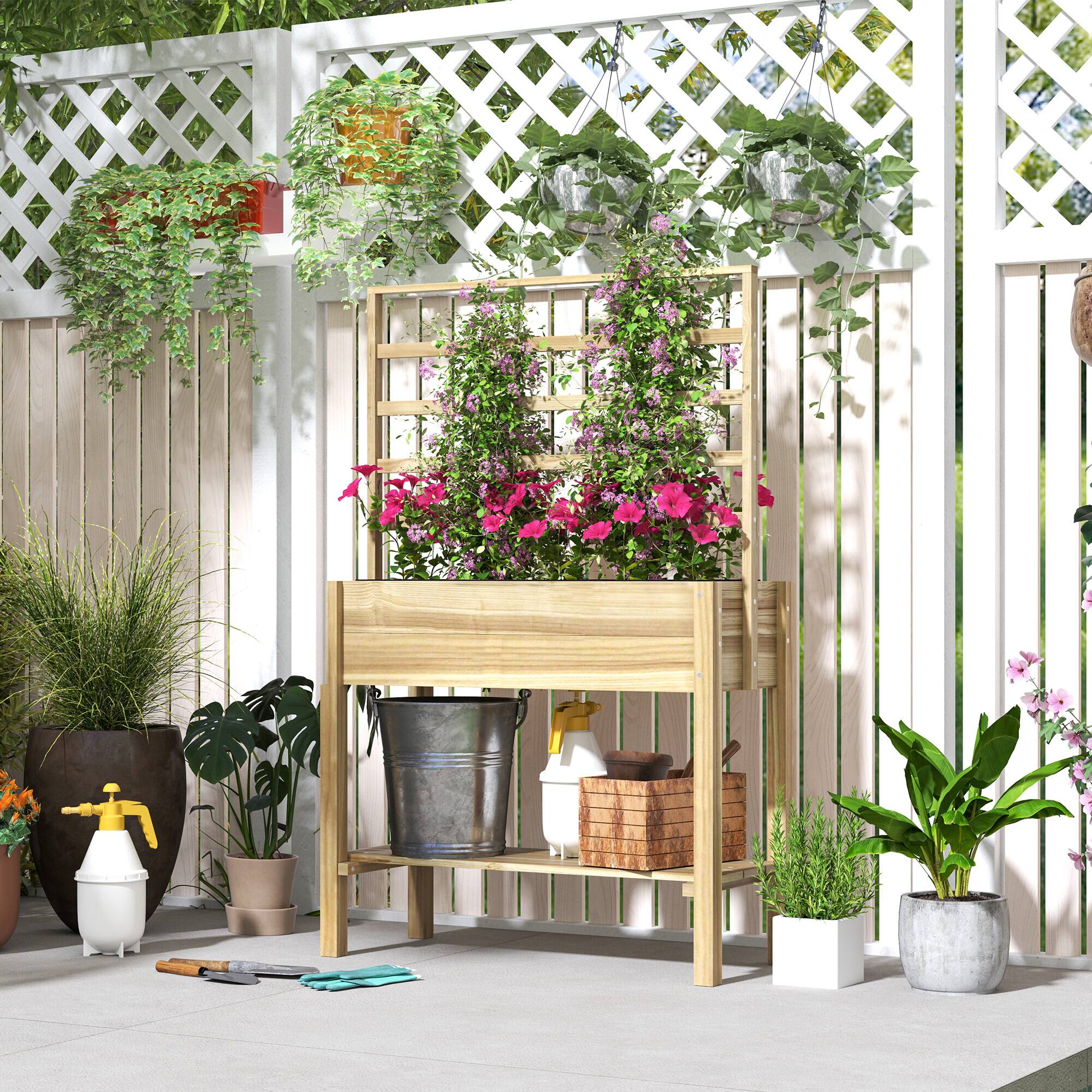Alt View 1. Outsunny - Wooden Raised Garden Bed with Trellis, Elevated Planter Box with Storage Shelf, Drainage Holes and Liner - Natural Wood.