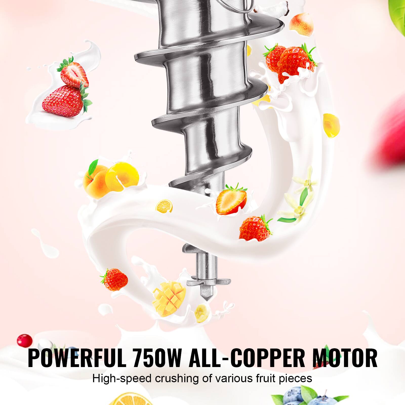 POWERFUL 750W ALL-COPPER MOTOR  
High-speed crushing of various fruit pieces