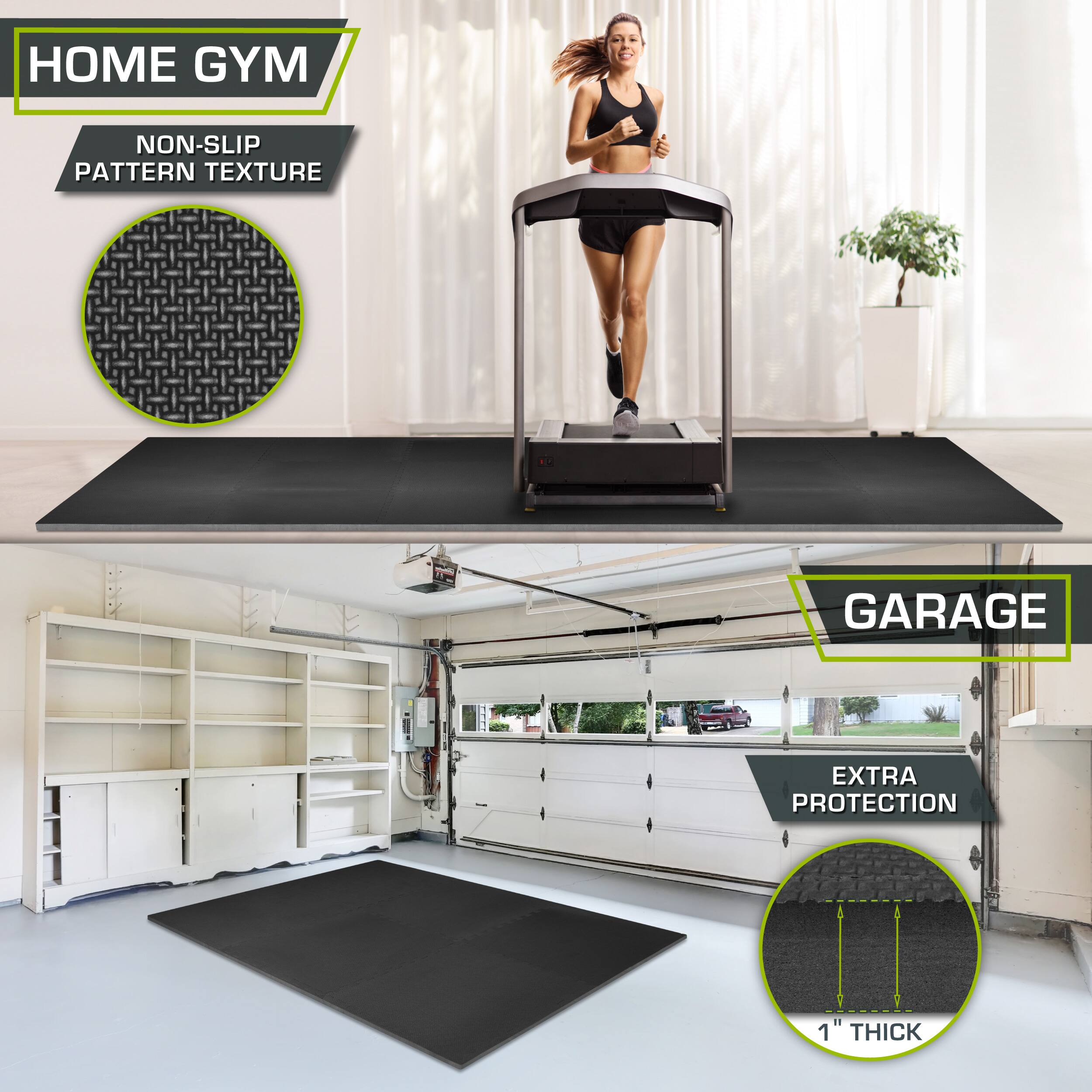 The corrected text from the image is:

- HOME GYM
- NON-SLIP PATTERN TEXTURE
- GARAGE
- EXTRA PROTECTION
- 1" THICK