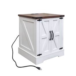 Ecooso - Farmhouse End Table with Charging Station, Adjustable Shelf, Versatile Walnut Sofa Side Table with Barn Doors - White + Deep Walnut