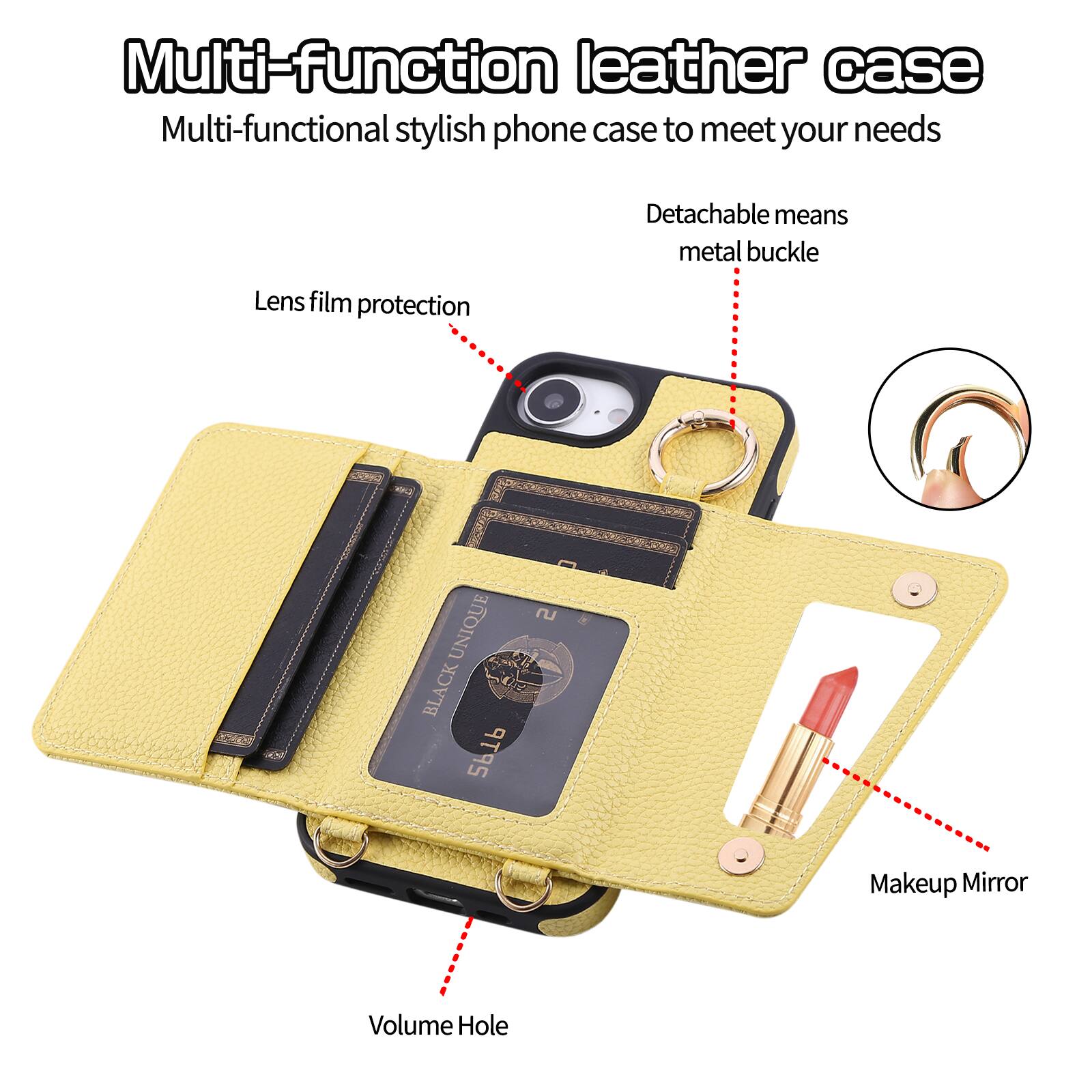 Multi-function leather case  
Multi-functional stylish phone case to meet your needs  
Detachable means metal buckle  
Lens film protection  
UNIQUE BLACK 9T9S  
Makeup Mirror  
Volume Hole