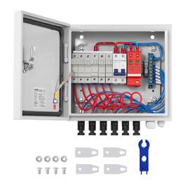 VEVOR - PV Combiner Box, 6 String, Solar Combiner Box with 15A Rated Current Fuse 125A Circuit Breaker Lightning Arrester - Gray