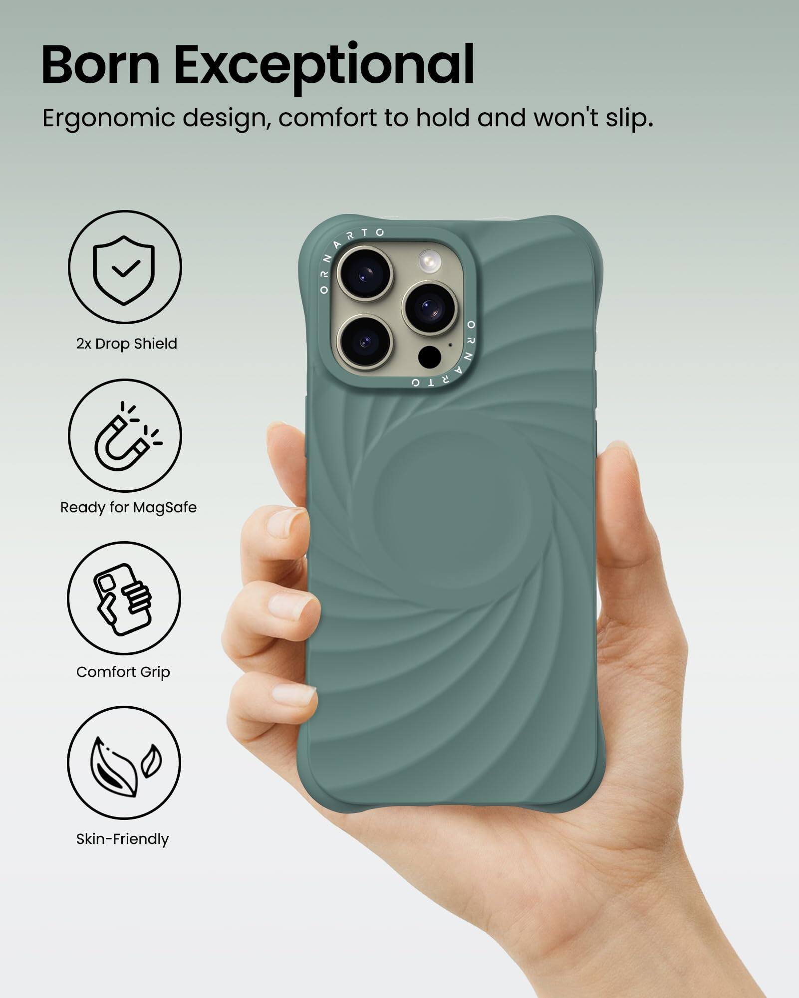 Born Exceptional Ergonomic design, comfort to hold and won't slip. 2x Drop Shield Ready for MagSafe Comfort Grip Skin-Friendly