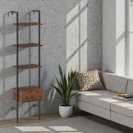 Hivvago - Industrial 5-Tier Ladder Shelf with Storage Drawer and Sturdy Metal Frame - Rustic Brown