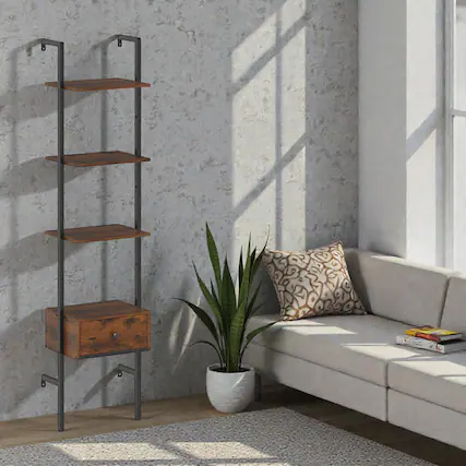 Front. Hivvago - Industrial 5-Tier Ladder Shelf with Storage Drawer and Sturdy Metal Frame - Rustic Brown.