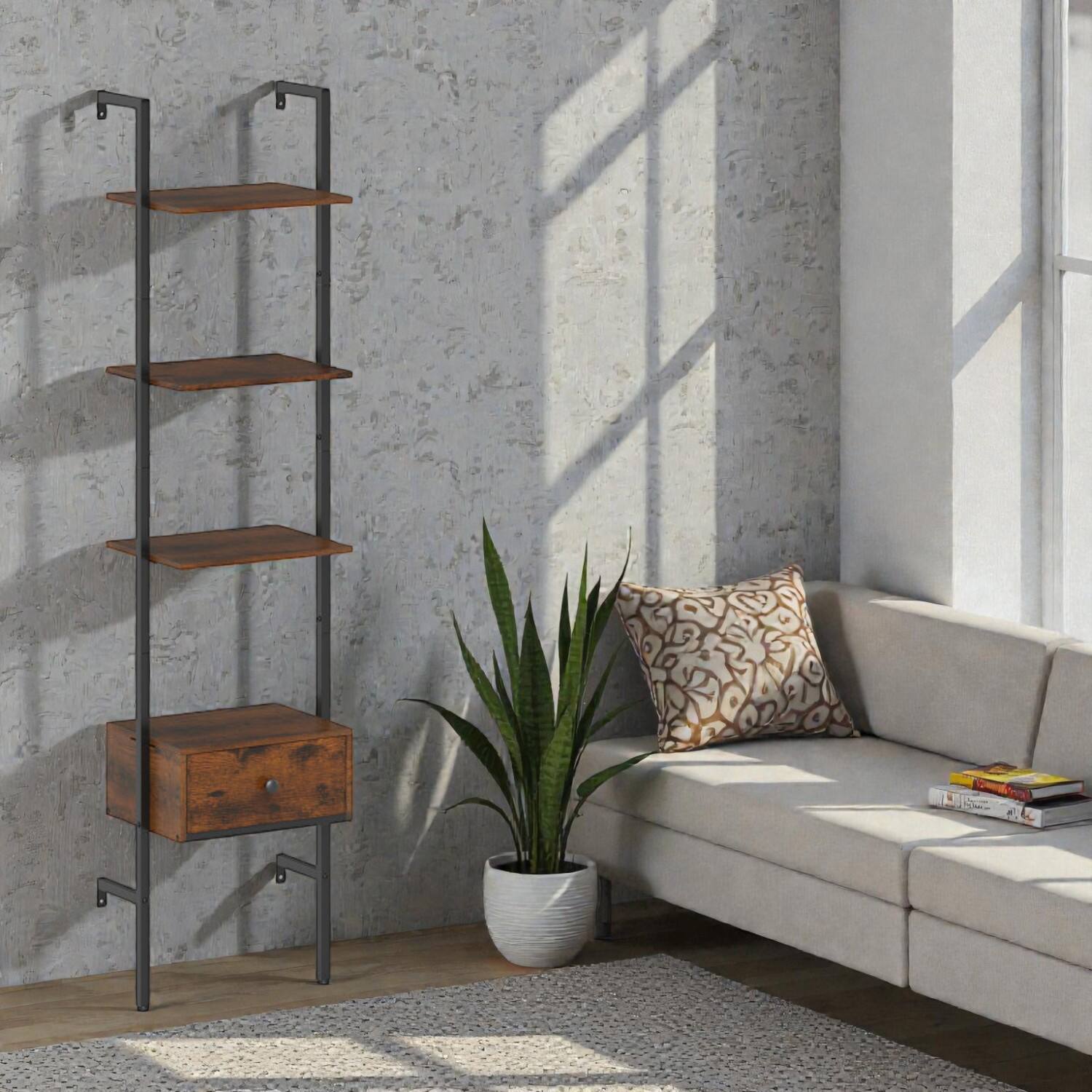 Front. Hivvago - Industrial 5-Tier Ladder Shelf with Storage Drawer and Sturdy Metal Frame - Rustic Brown.
