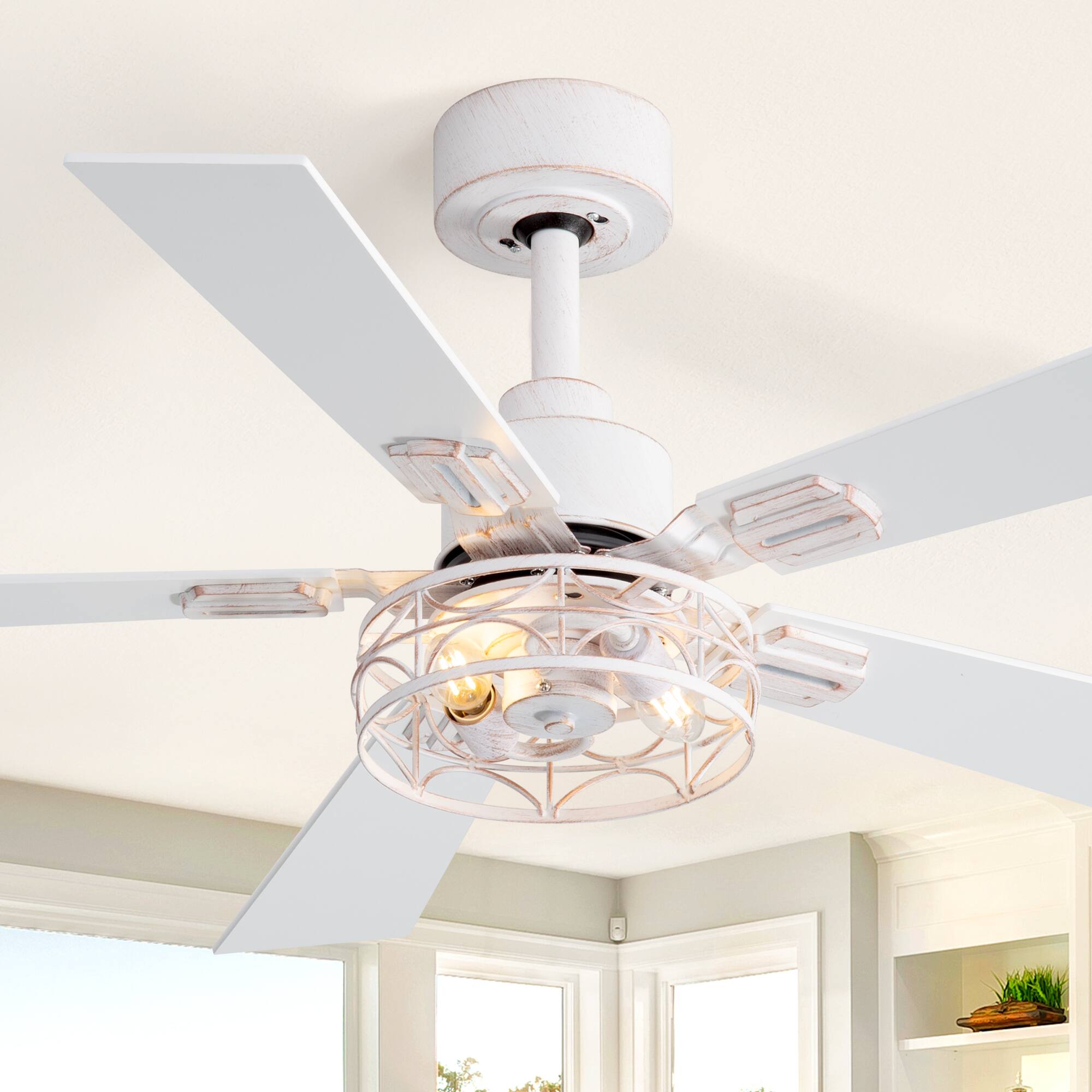 Alt View 1. Breezary - 42-In Indoor Ceiling Fan with Light Kit, 5 Plywood Blades, 6-Speed DC Motor and Remote, Timer, Memory Function(1/2 Pack) - Distressed White and Gold (1 Pack).