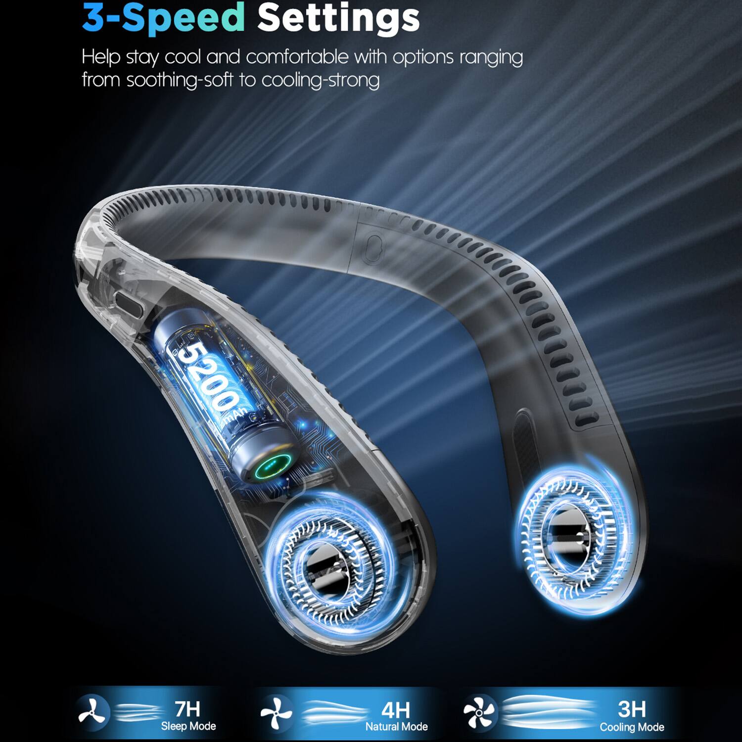 3-Speed Settings  
Help stay cool and comfortable with options ranging from soothing-soft to cooling-strong  

5200 mAh  

7H Sleep Mode  
4H Natural Mode  
3H Cooling Mode