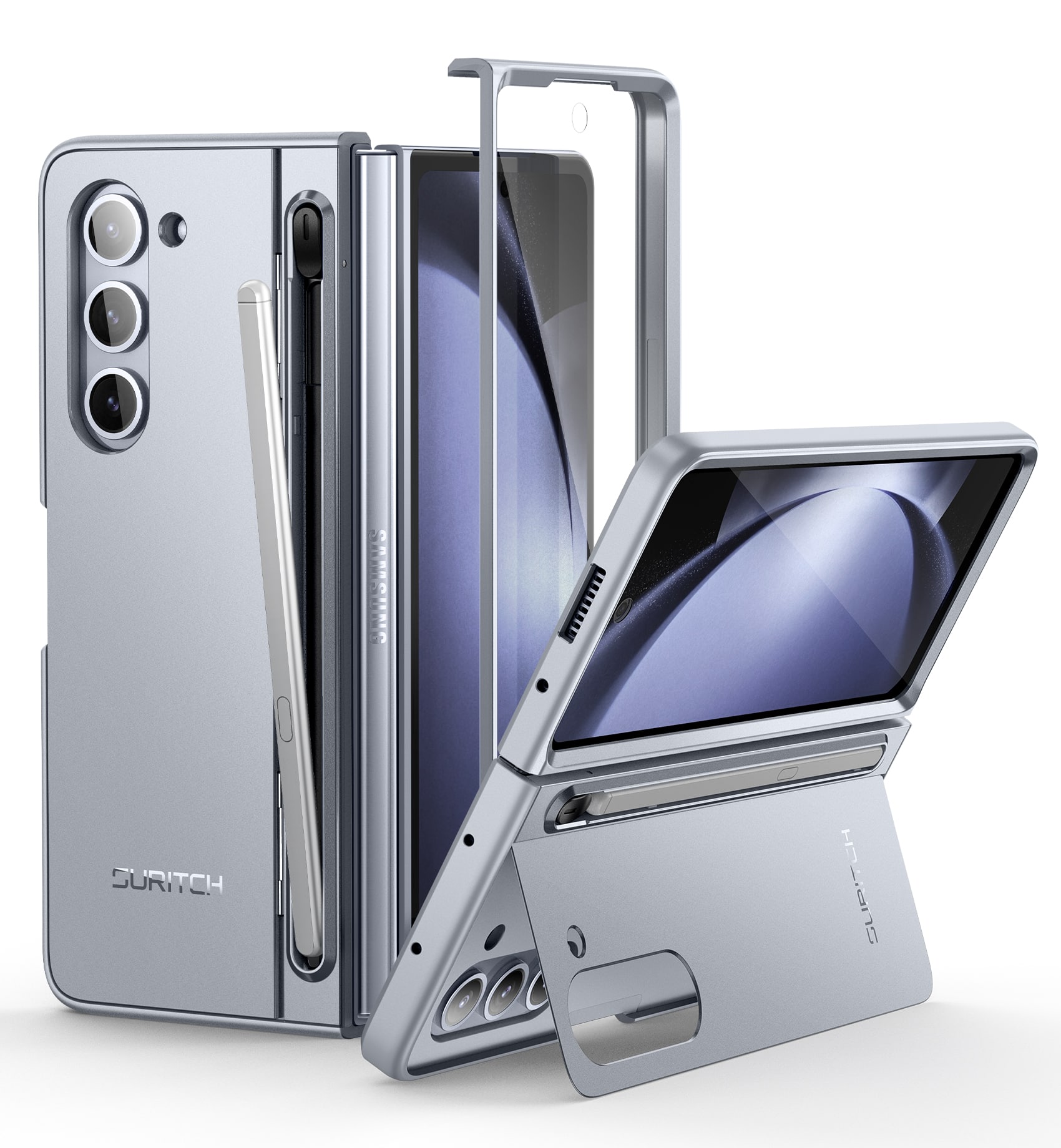 SURITCH - Phone Case for Samsung Galaxy Z Fold 5 with Screen Protection, Kickstand, S Pen Holder,Protective Bumper Cover - Gray Blue