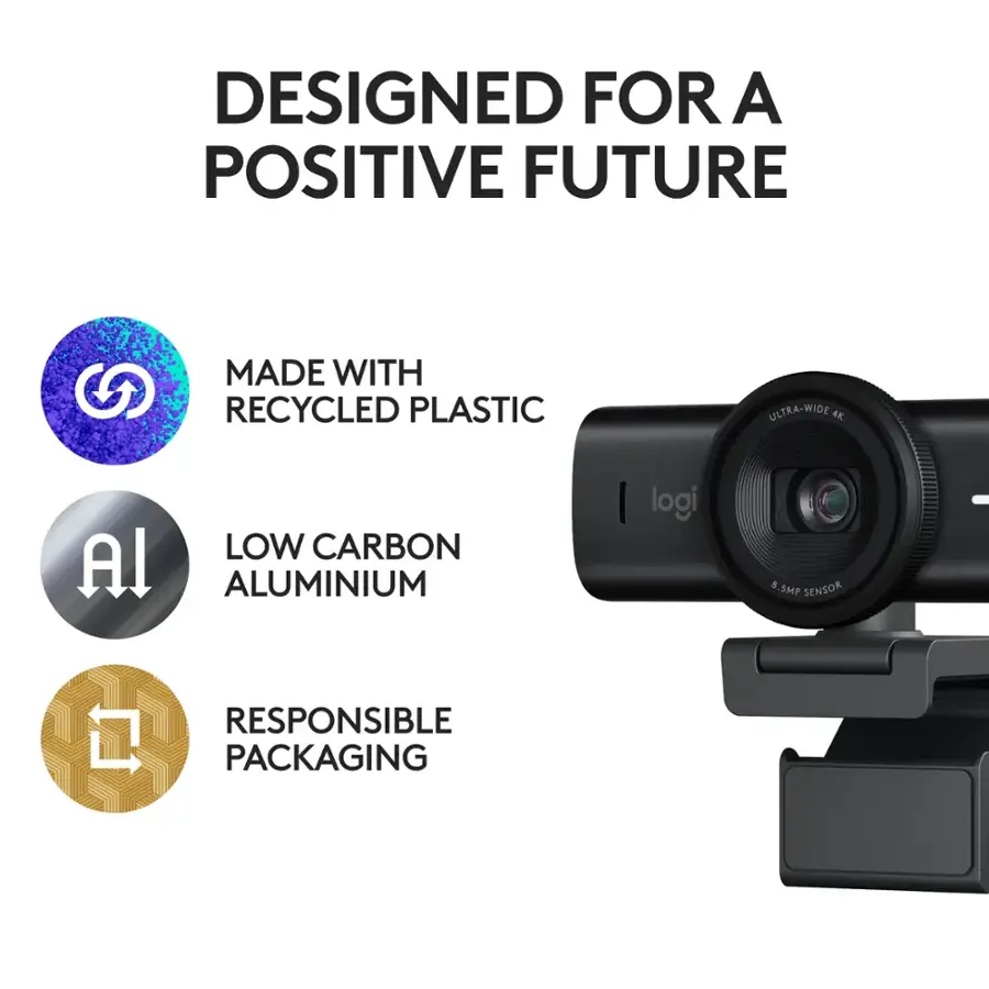 Designed for a Positive Future: Made with Recycled Plastic, Ultra-Wide 4K, Low Carbon Aluminum, Logitech & SMP Sensor, Responsible Packaging.