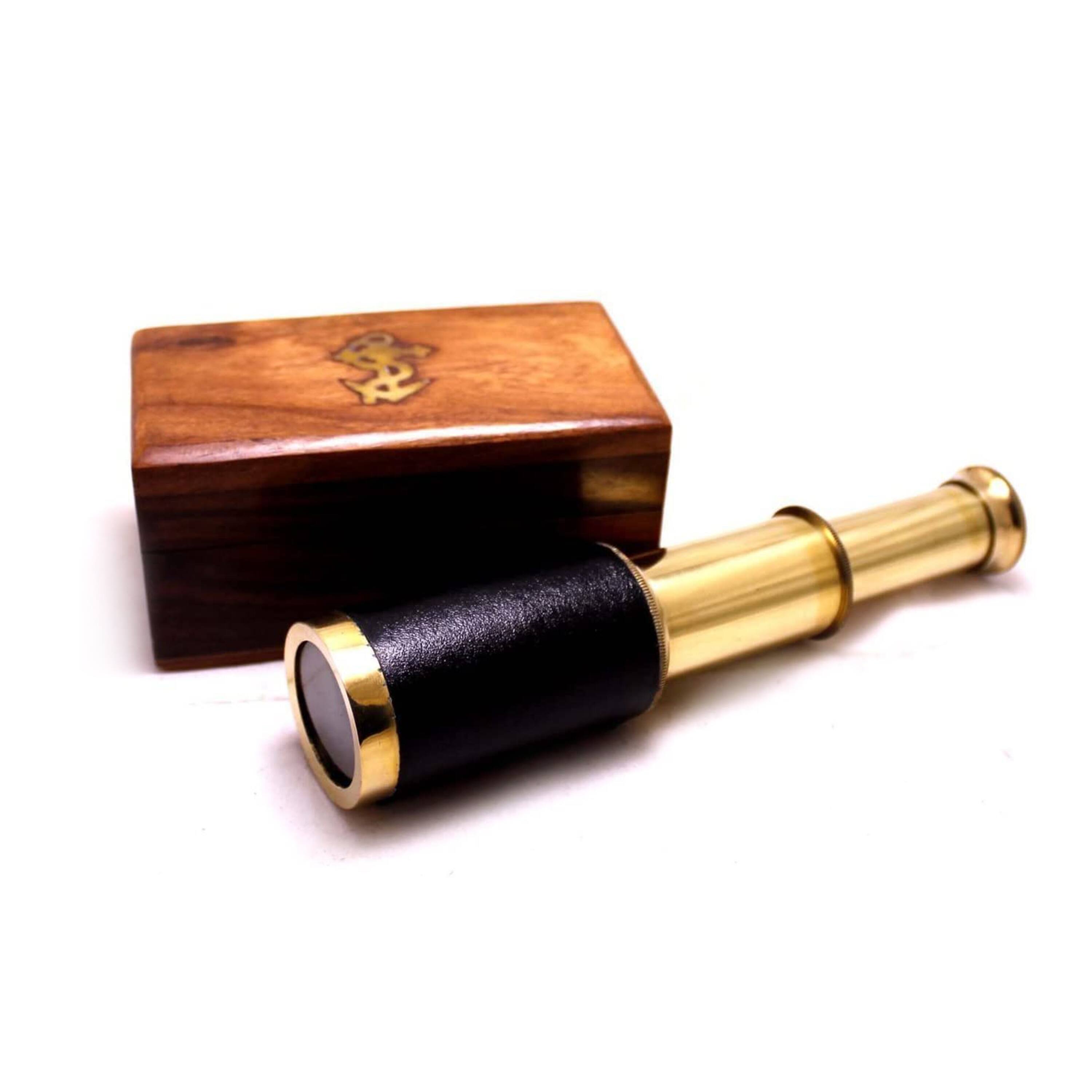 Alt View 1. Manhattan Lane - Small Brass Telescope with Pullout Wooden Box - Gold and Brown.
