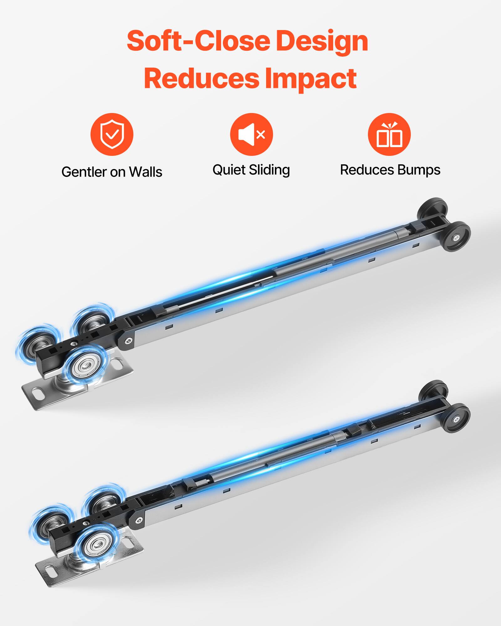 Soft-Close Design Reduces Impact

- Gentler on Walls
- Quiet Sliding
- Reduces Bumps