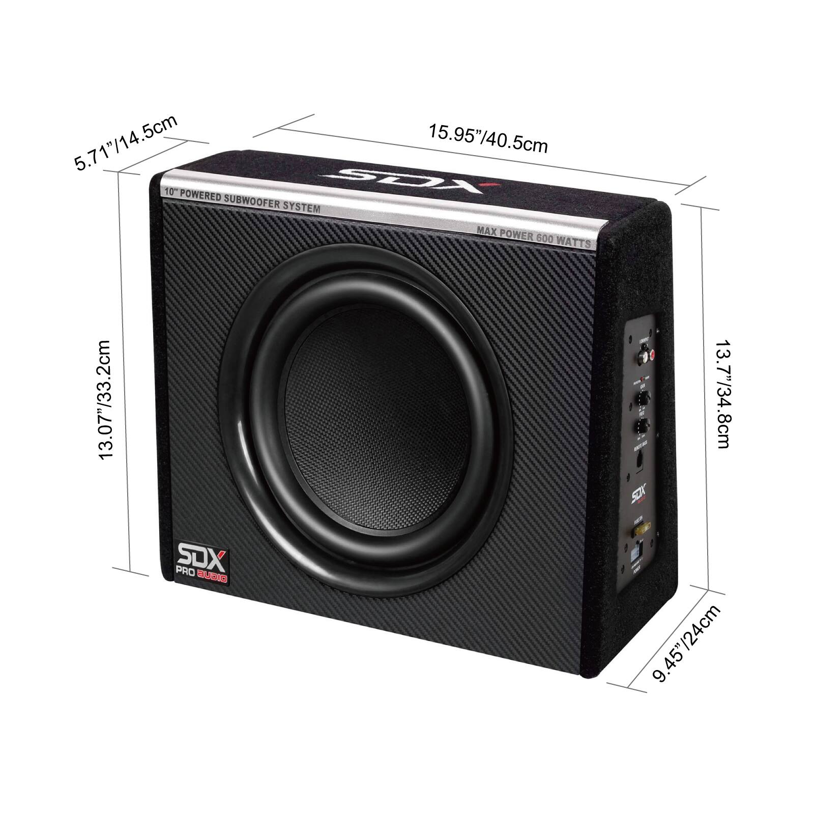 5.71"/14.5cm  
15.95"/40.5cm  
10" POWERED SUBWOOFER SYSTEM  
MAX POWER 600 WATTS  
13.07"/33.2cm  
13.7"/34.8cm  
9.45"/24cm  
SDX PRO 12310