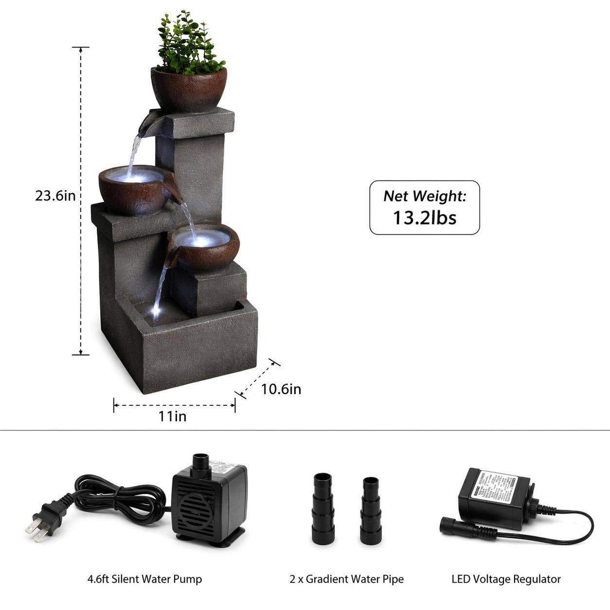 23.6in  
Net Weight: 13.2lbs  
10.6in  
11in  
4.6ft Silent Water Pump  
2 x Gradient Water Pipe  
LED Voltage Regulator