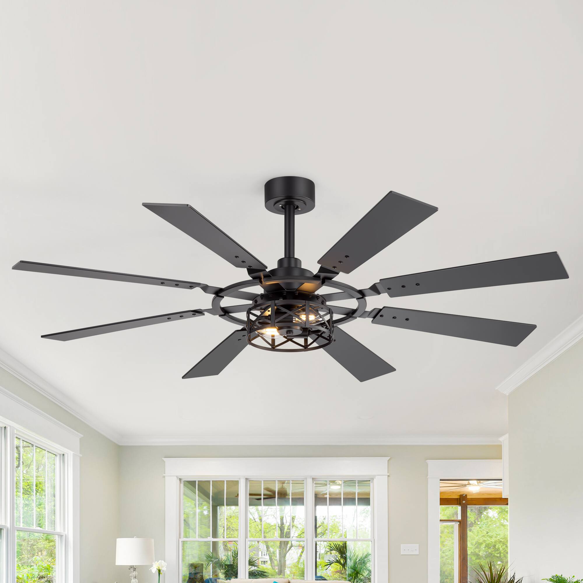 Alt View 1. Breezary - Breezary 52'' Indoor Ceiling Fan with Light and Remote , 8 Reversible Blades, Timer, 6-Speed DC Motor, 4″& 8″ Downrod - Matte Black.