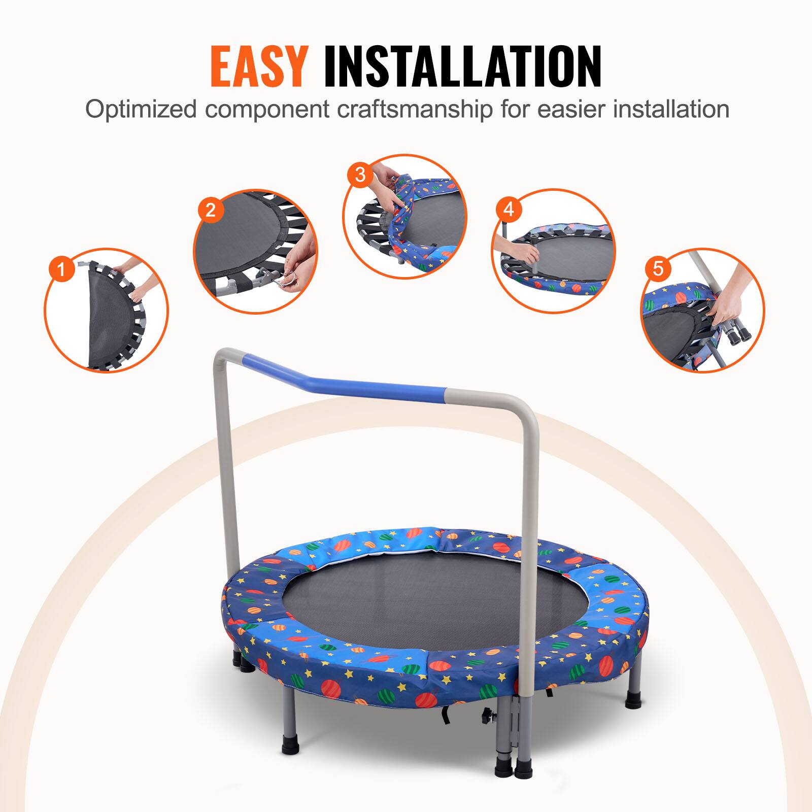 EASY INSTALLATION

Optimized component craftsmanship for easier installation

1. Unfold the trampoline mat.
2. Place the mat on the trampoline frame.
3. Align the mat with the frame.
4. Secure the mat to the frame.
5. Attach the safety net.