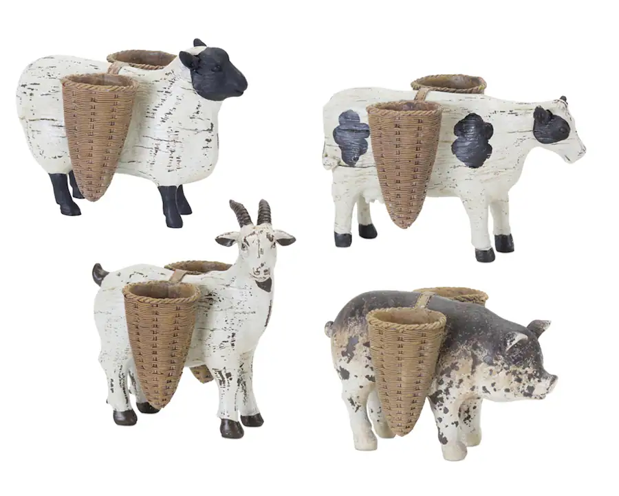 BreeBe Farm Animal Figurine with Basket Vase (Set of 4) Brown, White ...