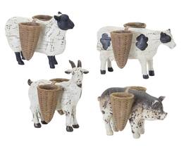 BreeBe - Farm Animal Figurine with Basket Vase (Set of 4) - Brown, White, Black