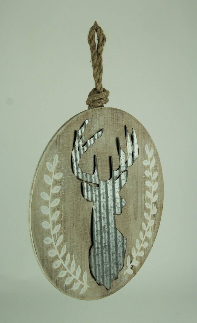 Alt View 1. Audrey's - Rustic Wood and Metal Deer Head Round Wall Hanging - Beige.