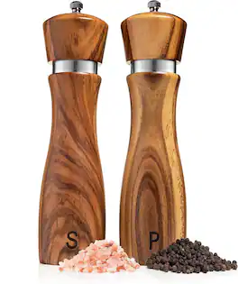 FINEAK - 8" Adjustable Acacia Wood Salt & Pepper Mill Set - Brown