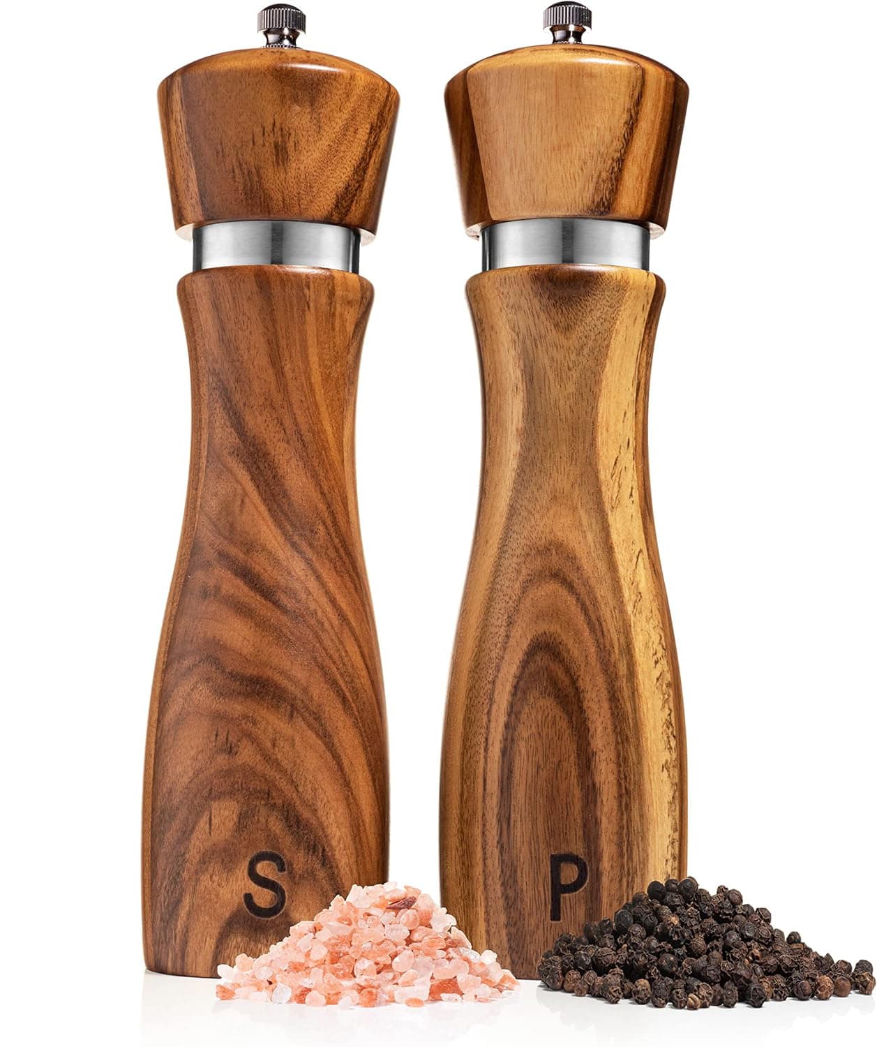 Front. FINEAK - 8" Adjustable Acacia Wood Salt & Pepper Mill Set - Brown.
