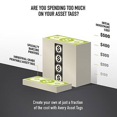 ARE YOU SPENDING TOO MUCH ON YOUR ASSET TAGS?

SPECIALTY BARCODE PRINTERS
INDUSTRIAL-GRADE PRINTABLE ASSET TAGS

INITIAL INVESTMENT COST
$500
$400
$300
$200
$100

Create your own at just a fraction of the cost with Avery Asset Tags