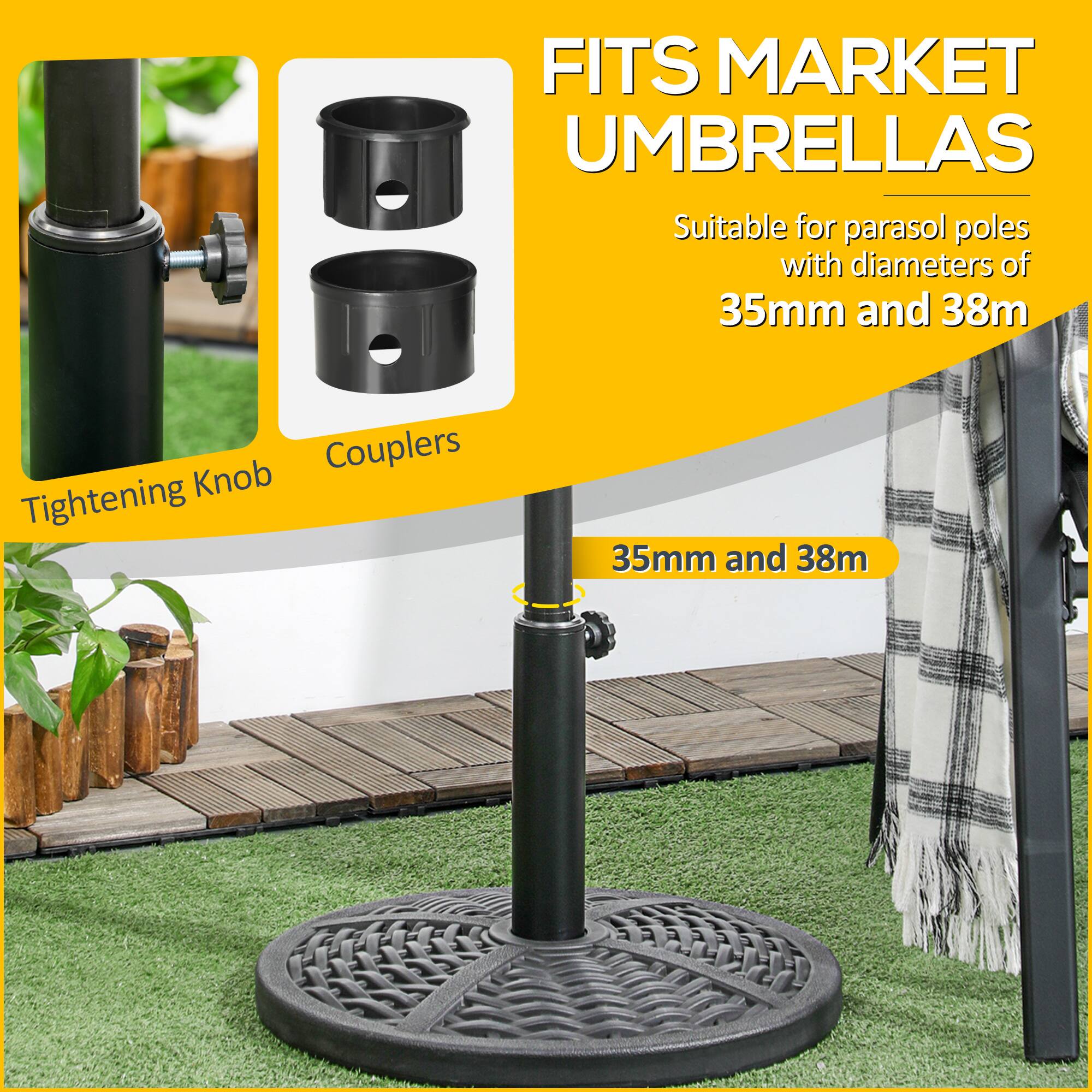 FITS MARKET UMBRELLAS  
Suitable for parasol poles with diameters of 35mm and 38mm  

Tightening Knob  
Couplers  

35mm and 38mm
