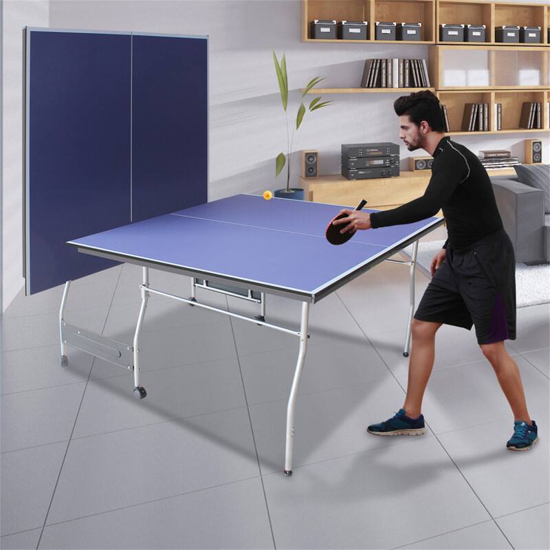 Alt View 1. HTUTWOO - 8*4.5ft Mid-Size Table Tennis Table -Foldable & Portable Ping Pong Table Set with Net,2 Paddles and 3 Balls,Indoor Games - Blue.