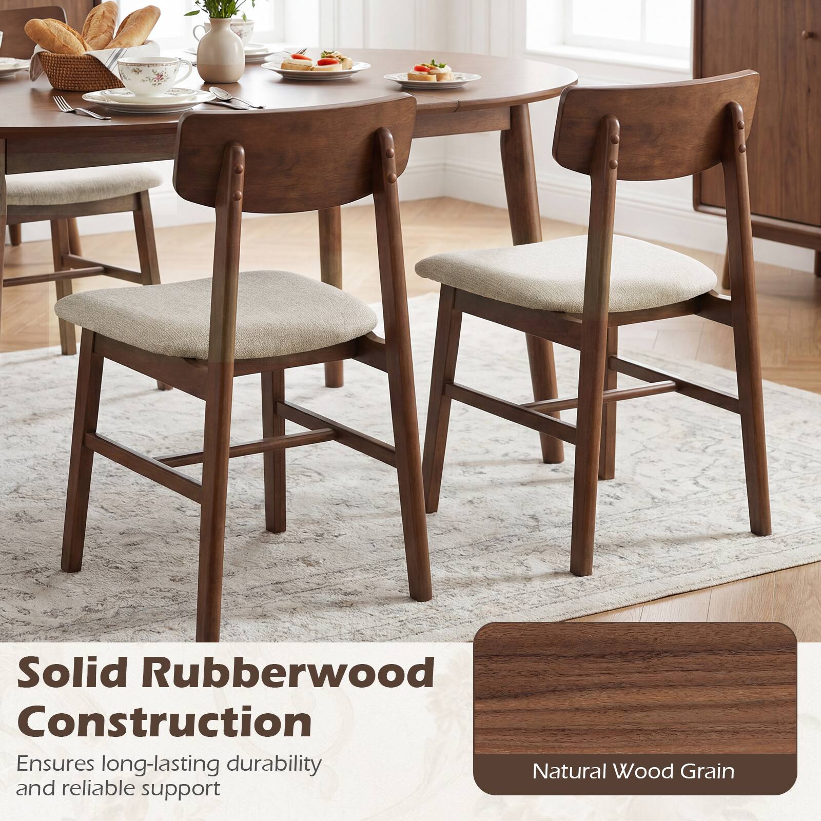 Solid Rubberwood Construction  
Ensures long-lasting durability and reliable support  

Natural Wood Grain