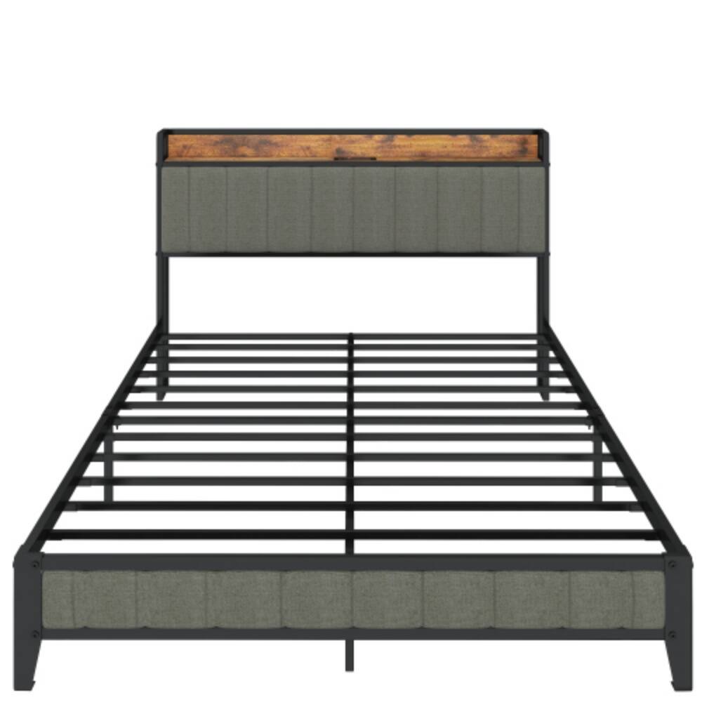 Angle. LUCKY ONE - King Size Platform Bed Frame with USB Outlets, Heavy Duty Metal Slats, No Box Spring Needed, Under-Bed Storage - Light Gray.
