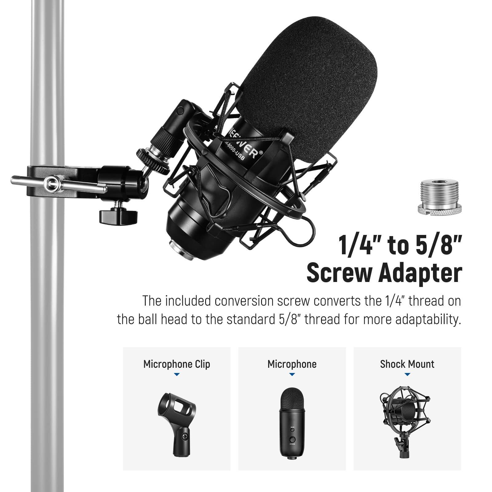 EF 44000-U5B WER  
1/4" to 5/8" Screw Adapter  
The included conversion screw converts the 1/4" thread on the ball head to the standard 5/8" thread for more adaptability.  

Microphone Clip  
Microphone Shock Mount  

1/4" to 5/8" Screw Adapter  
The included conversion screw converts the 1/4" thread on the ball head to the standard 5/8" thread for more adaptability.  

Microphone Clip  
Microphone  
Shock Mount