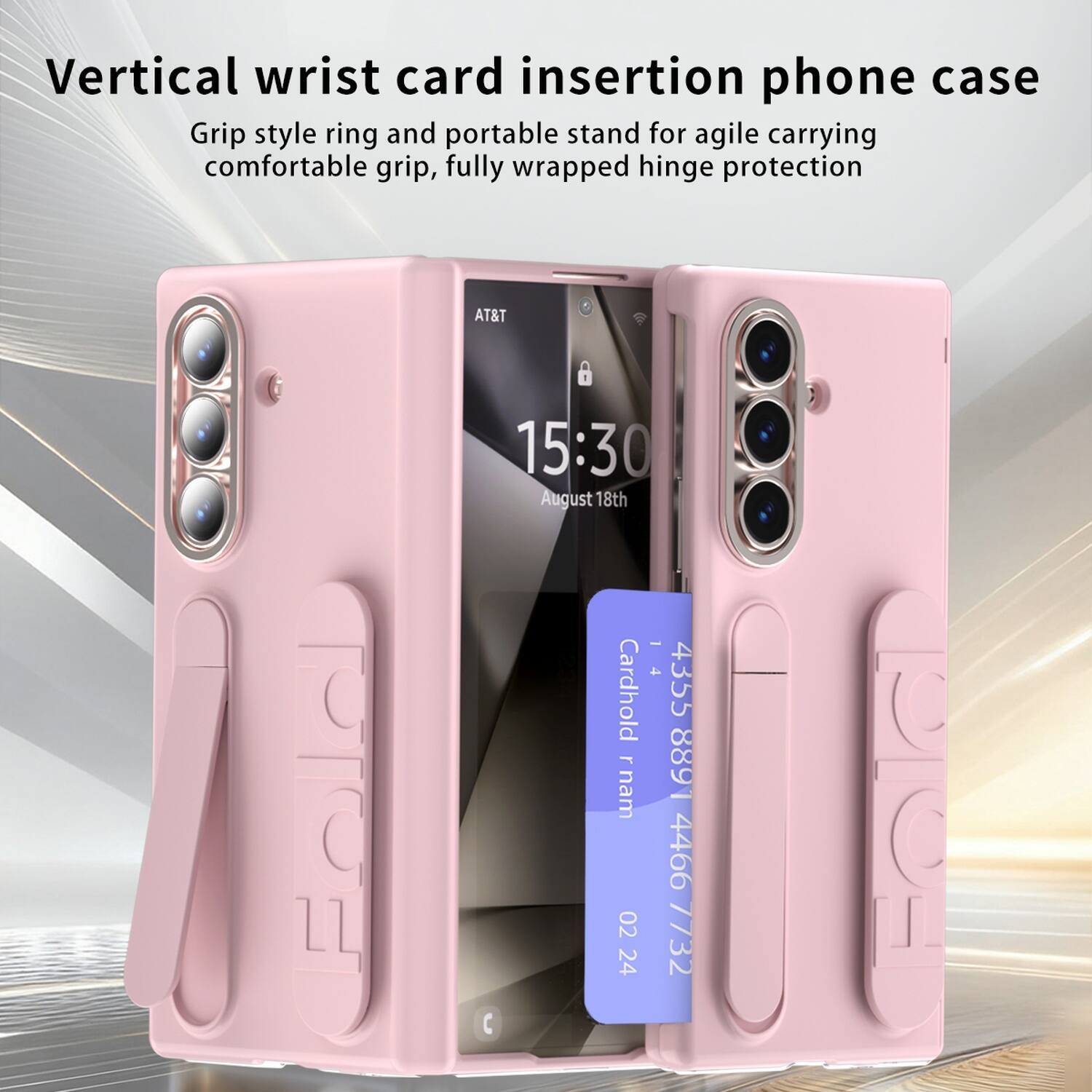 Vertical wrist card insertion phone case  
Grip style ring and portable stand for agile carrying comfortable grip, fully wrapped hinge protection  
AT&T  
15:30  
August 18th  
Cardhold rnam  
4355 8891 4466 02 7732 24