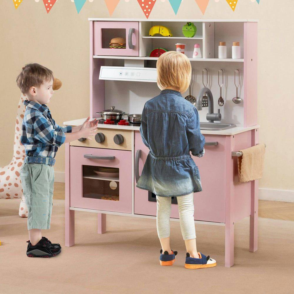 Alt View 5. Resenkos - Wooden Pretend Play Kitchen Set for Toddlers - Kids Cooking Toy - White and Pink.