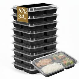 Eco Harmony Products - Microwaveable Compartmental Container (Rectangular) with Lid 4-compartment, 34oz, 100-Pack - Black