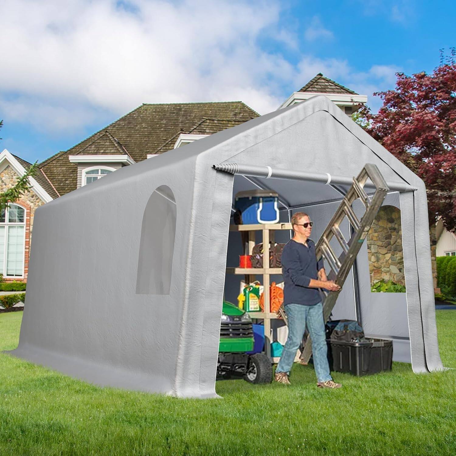 Front. Acekool - 10'x20'  Heavy Duty Outdoor Storage Shed & Carport Canopy with Roll-Up Door, Waterproof, Removable Sidewalls - Grey.