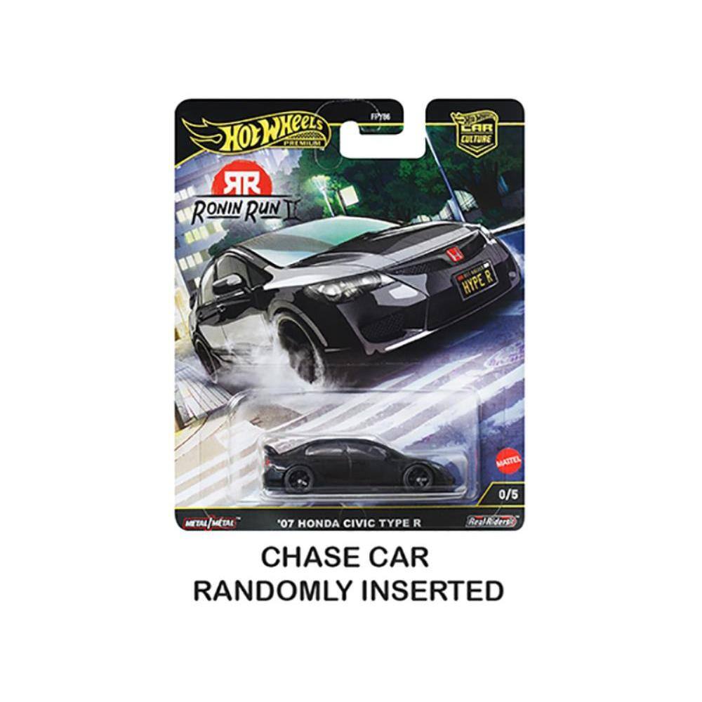 Sure, here is the corrected and grouped text from the image:

---

**Hot Wheels**

**Ronin Run II**

**HYPE R**

**0/5**

**Metal/Metal**

**'07 Honda Civic Type R**

**Chase Car**

**Randomly Inserted**

---

**Car Culture**

**Real Riders**

---