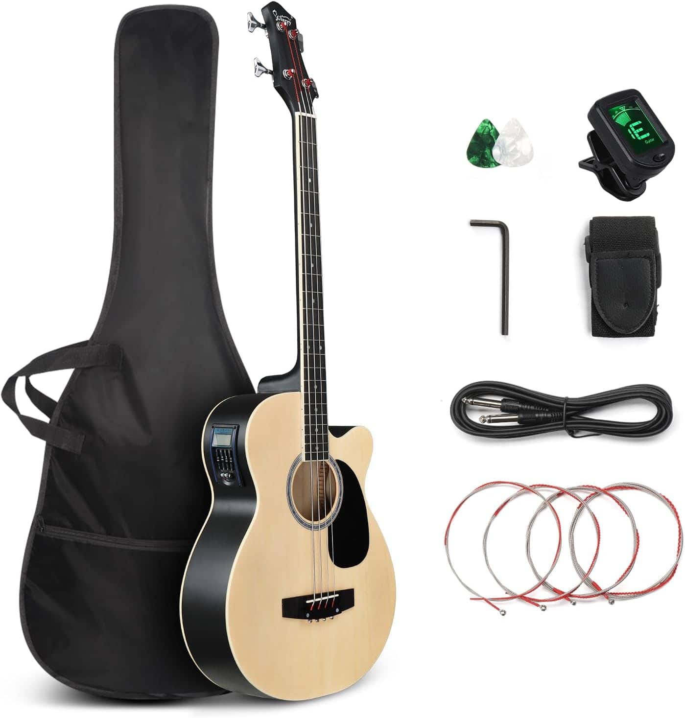 Winado - Full Size Acoustic Electric Bass Guitar Beginner Kit, Cutaway 4 Strings Electric Acoustic Bass Guitar w/ Tuner