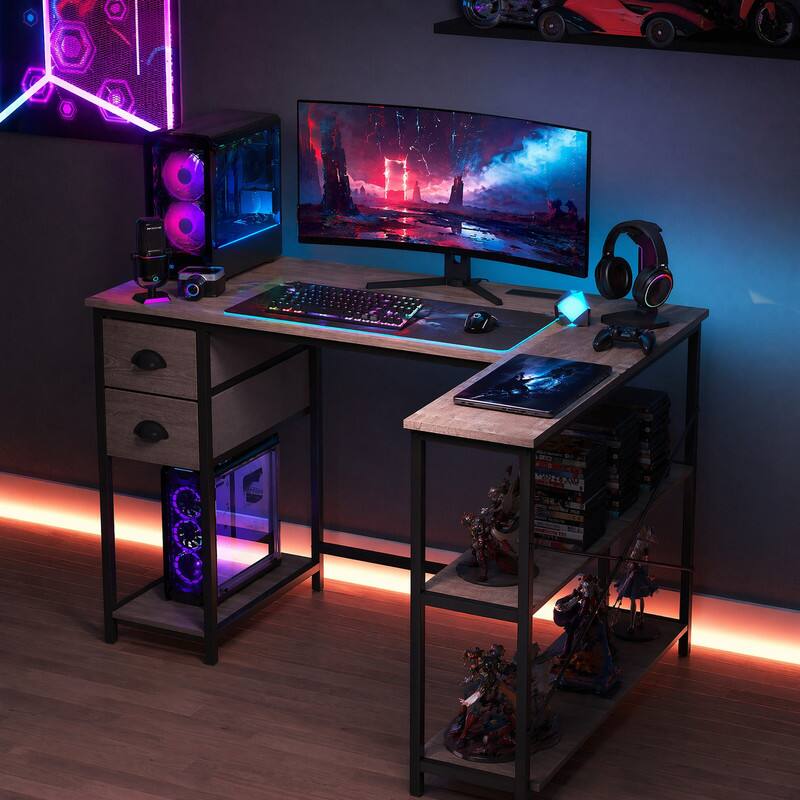 Left. WELLFOR - 48" L Shaped Office Desk Charging Station &2 Fabric Drawers,Corner Computer Desk with Open Shelf for Home Office Gaming - Oak.